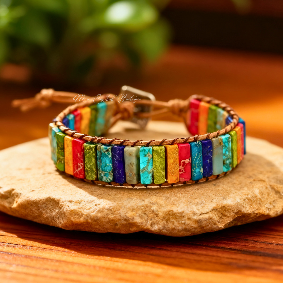 Rainbow Jasper 7 Chakra Crystal Bracelet Leather Healing Stone Bracelet Gift