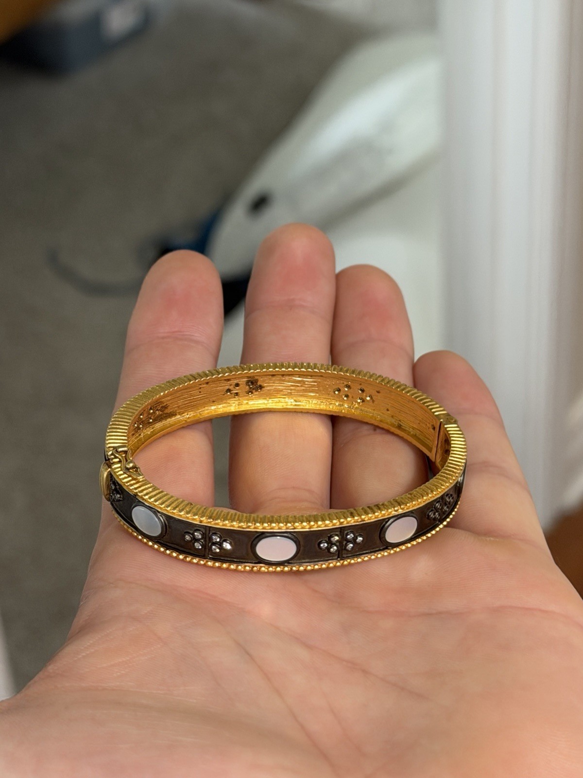 Authentic Freida Rothman Clover Bangle Bracelet .925 14K Yellow Gold Pearl Rare