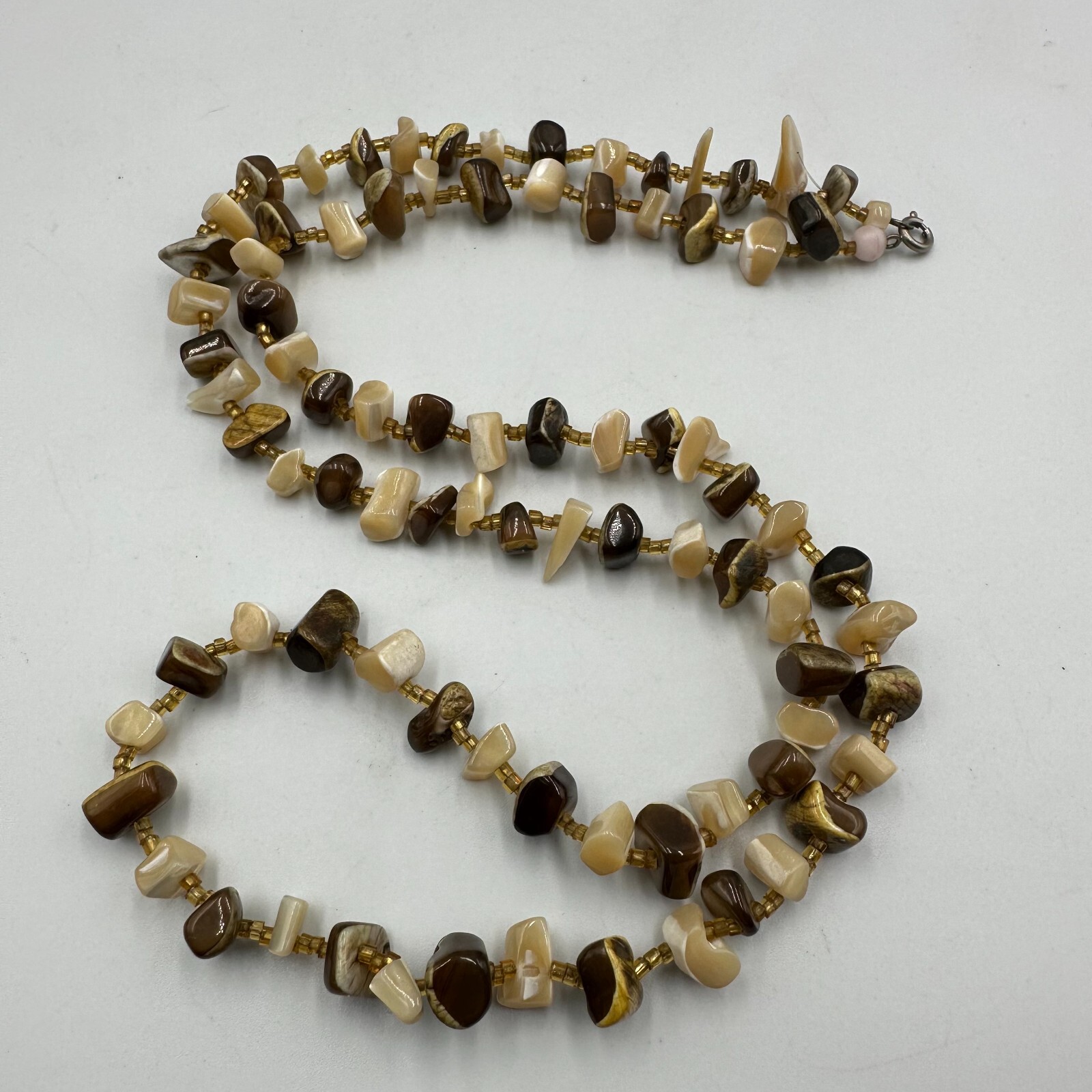 Neutral Tone Chip Bead Necklace Brown Beige Shell Look Single Strand Natural 28″