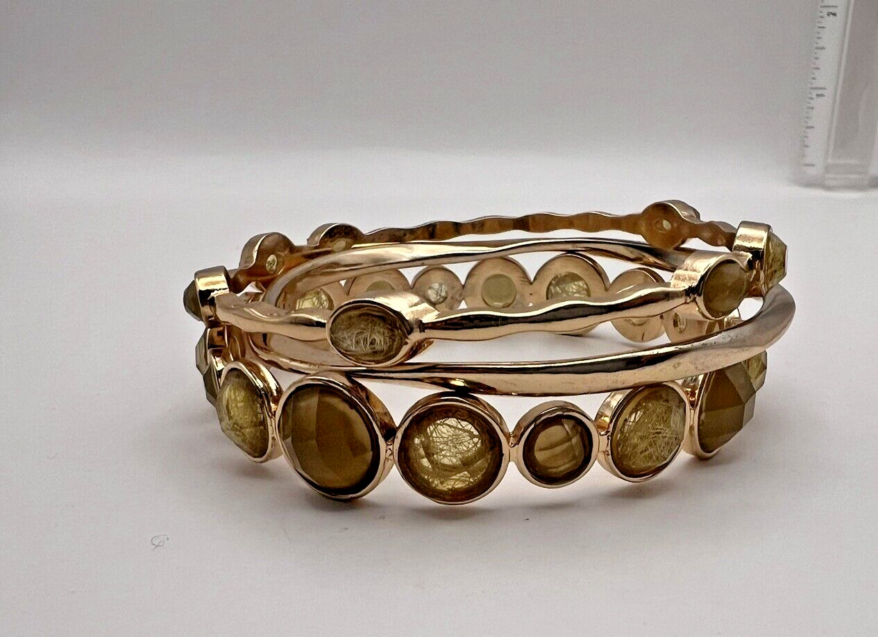 Set of 3 Bangle Bracelets Gold Tone Fashion Jewelry Open Back Rhinestones