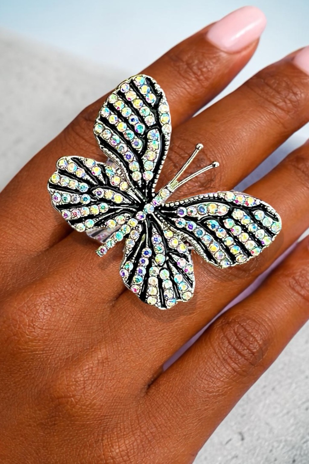 1.75″ Wide Silver Tone Fancy AB Crystals Butterfly Statement Adjustable Ring