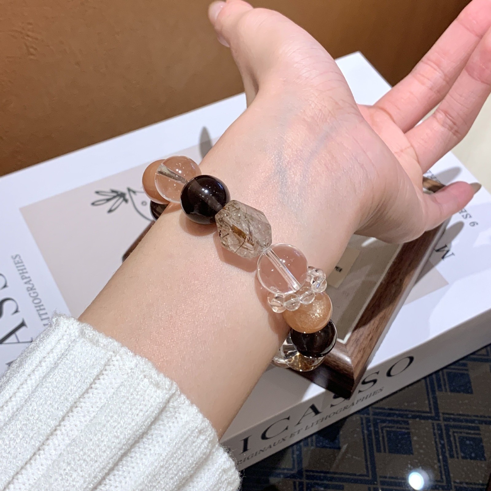 Natural White Crystal Smoky Crystal 12-14mm Beaded Stretch Bracelet Gift