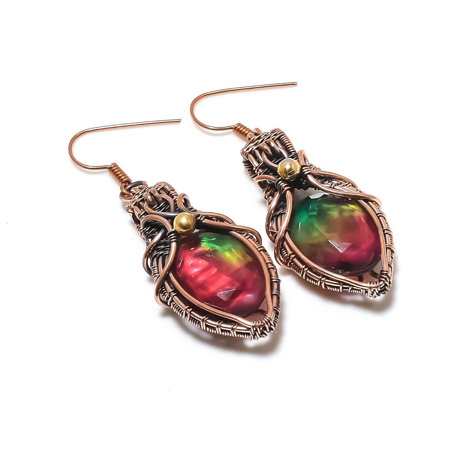 Ammolite Gemstones Handmade Copper Wire Wrapped Beautiful Earrings Jewelry