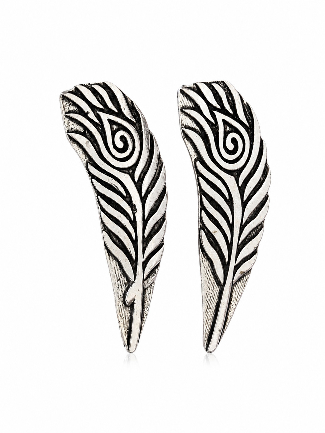 Handmade Silver Tone Feather Wing Stud Earrings Boho Tribal Statement Jewelry
