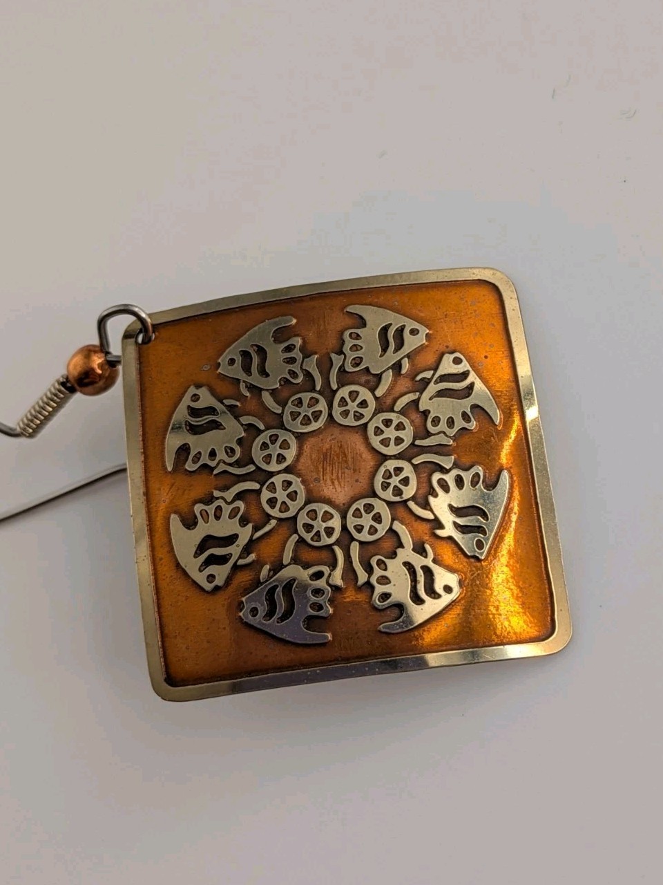 Alchemists’ Collection Square Fish Hawaiian Quilt Hook Earrings Copper/Silver