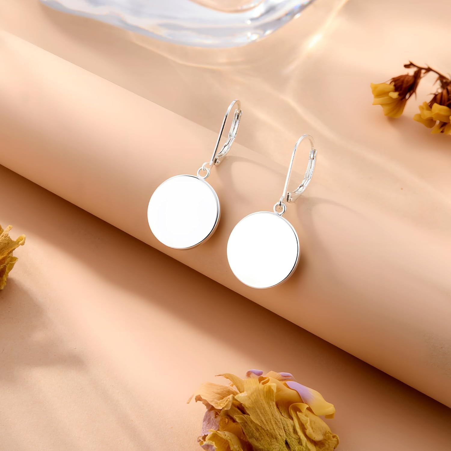 Disc Dangle Earrings for Women, 14K Gold Plated Flat Hypoallergenic Drop Earring