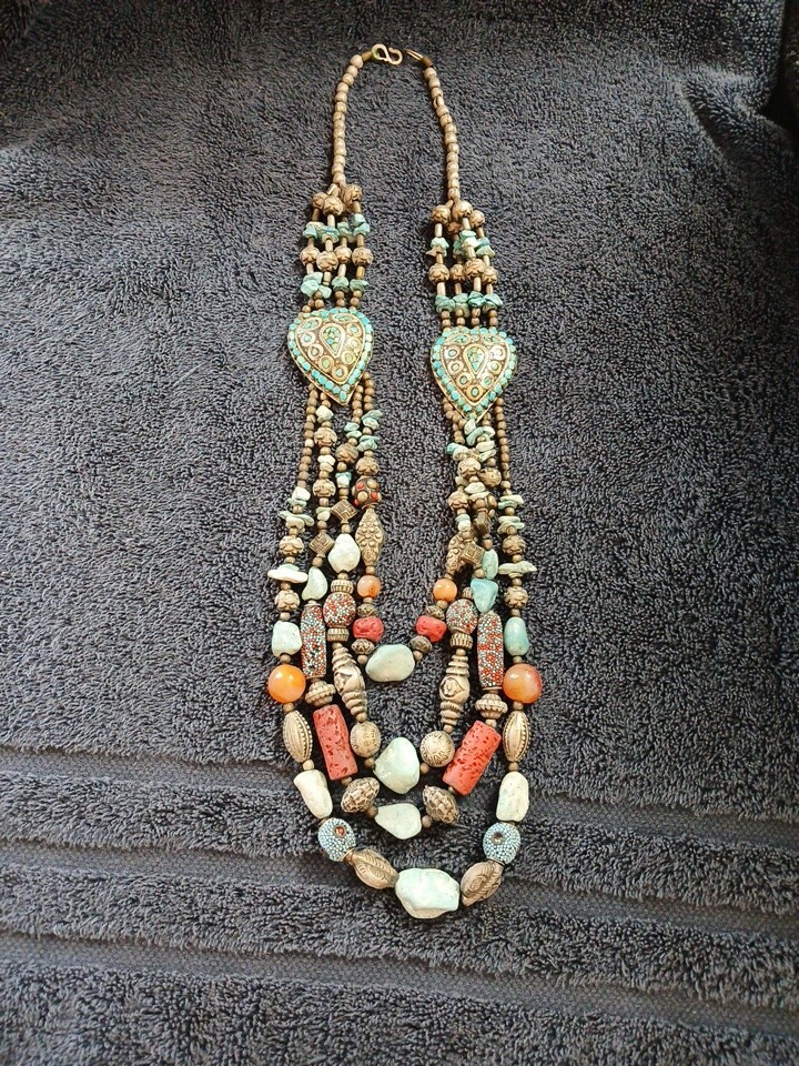Vintage Tibetan Tribal Necklace Boho Turquoise Style Multi-Strand Statement