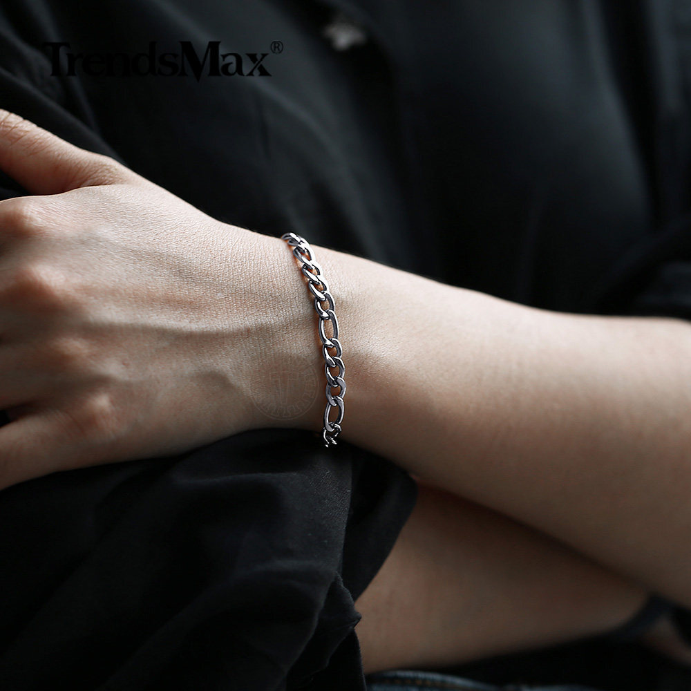 5mm Silver/Gold Plated Figaro Liink Chain Bracelet Stainless Steel Clasp Jewelry