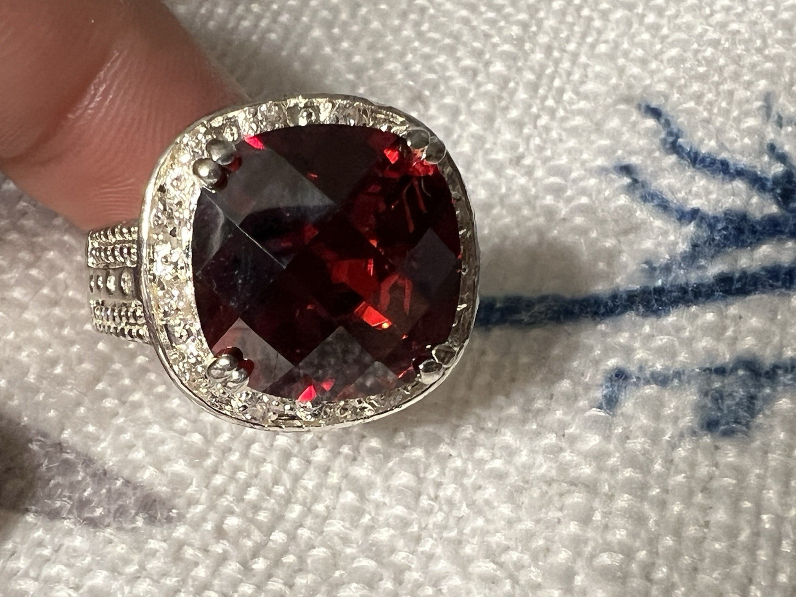 925 Sterling Silver Cocktail Ring Cushion-Cut Red Stone Prong Set Size 8.5
