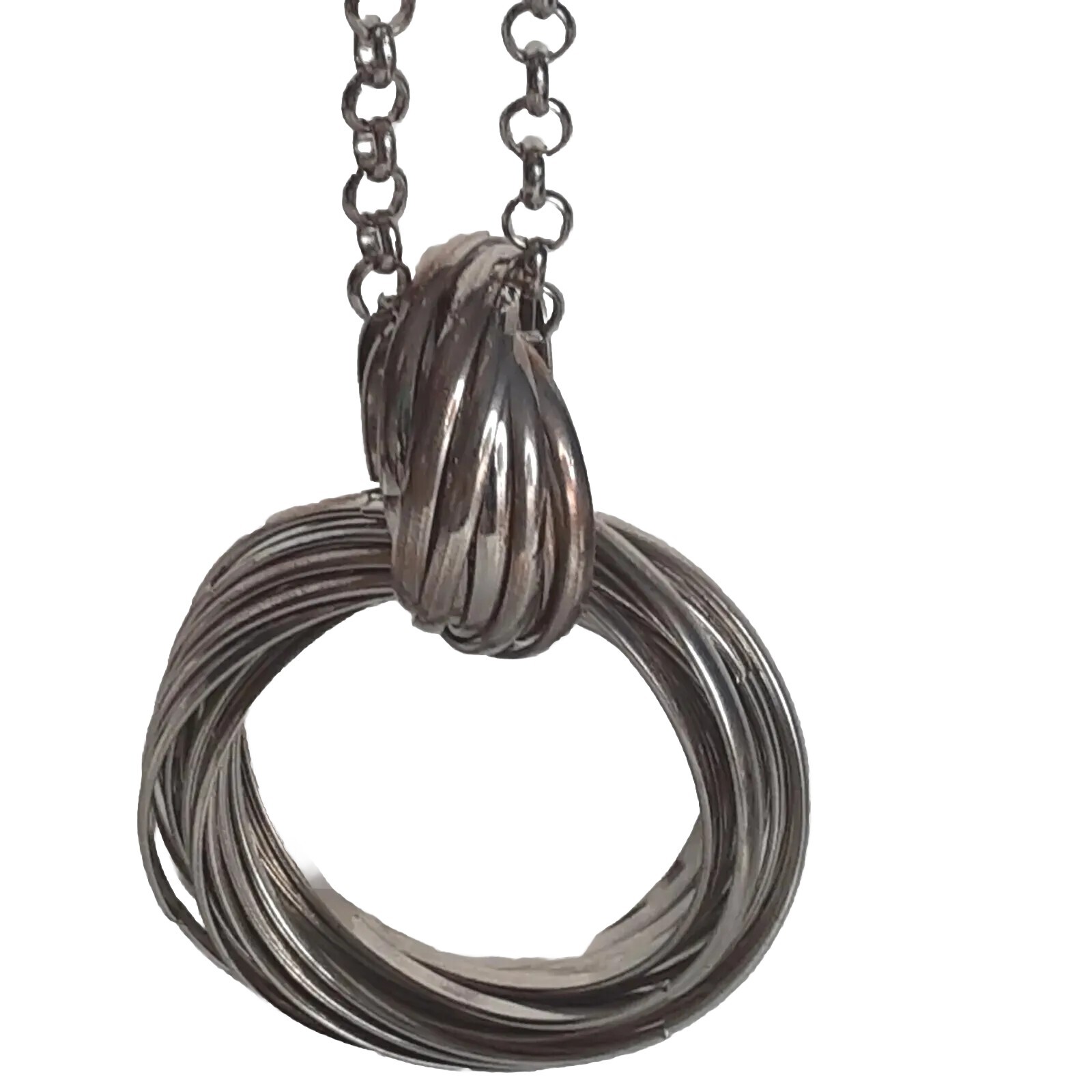 Vintage NY Signed Silvertone Chain Intertwined Hoops Pendant Necklace 19″-22″