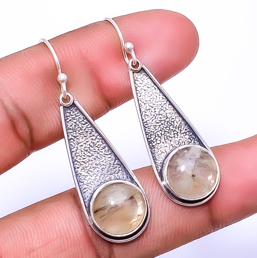 Golden Rutilated Quartz 925 Sterling Silver Earring 1.76″ E56, Christmas Gift