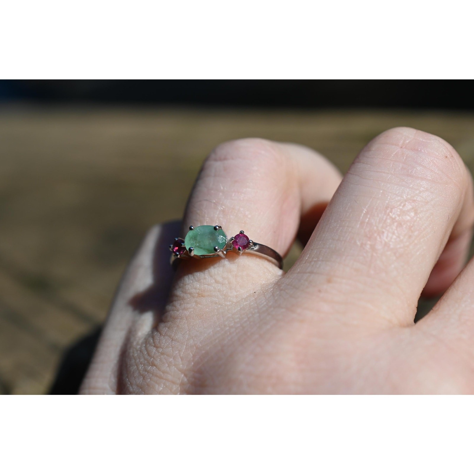Emerald and ruby engagement ring size 7 in 925 sterling silver