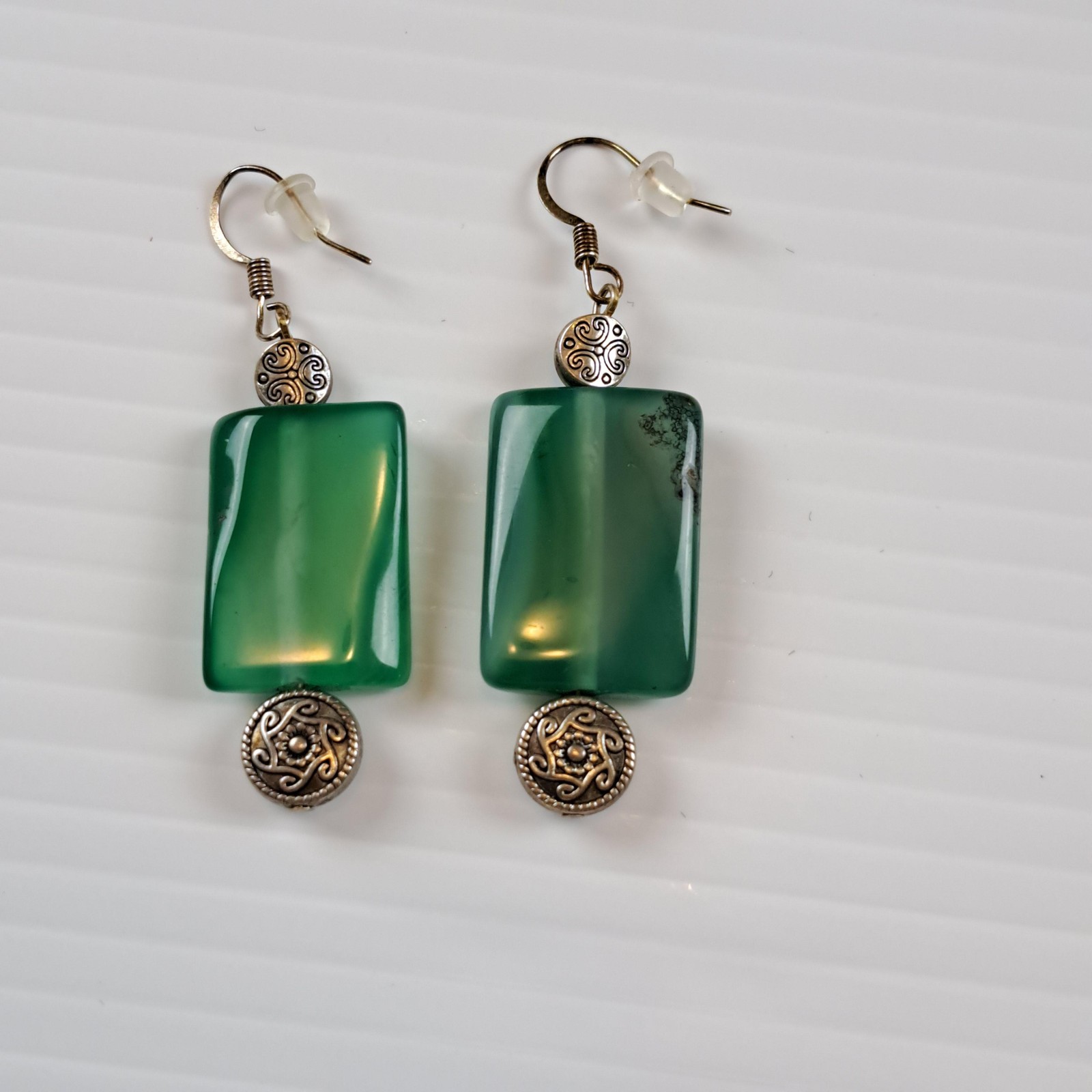 Green Stone Rectangle Dangle Drop Earrings Womens French Wire Boho Silver Tone