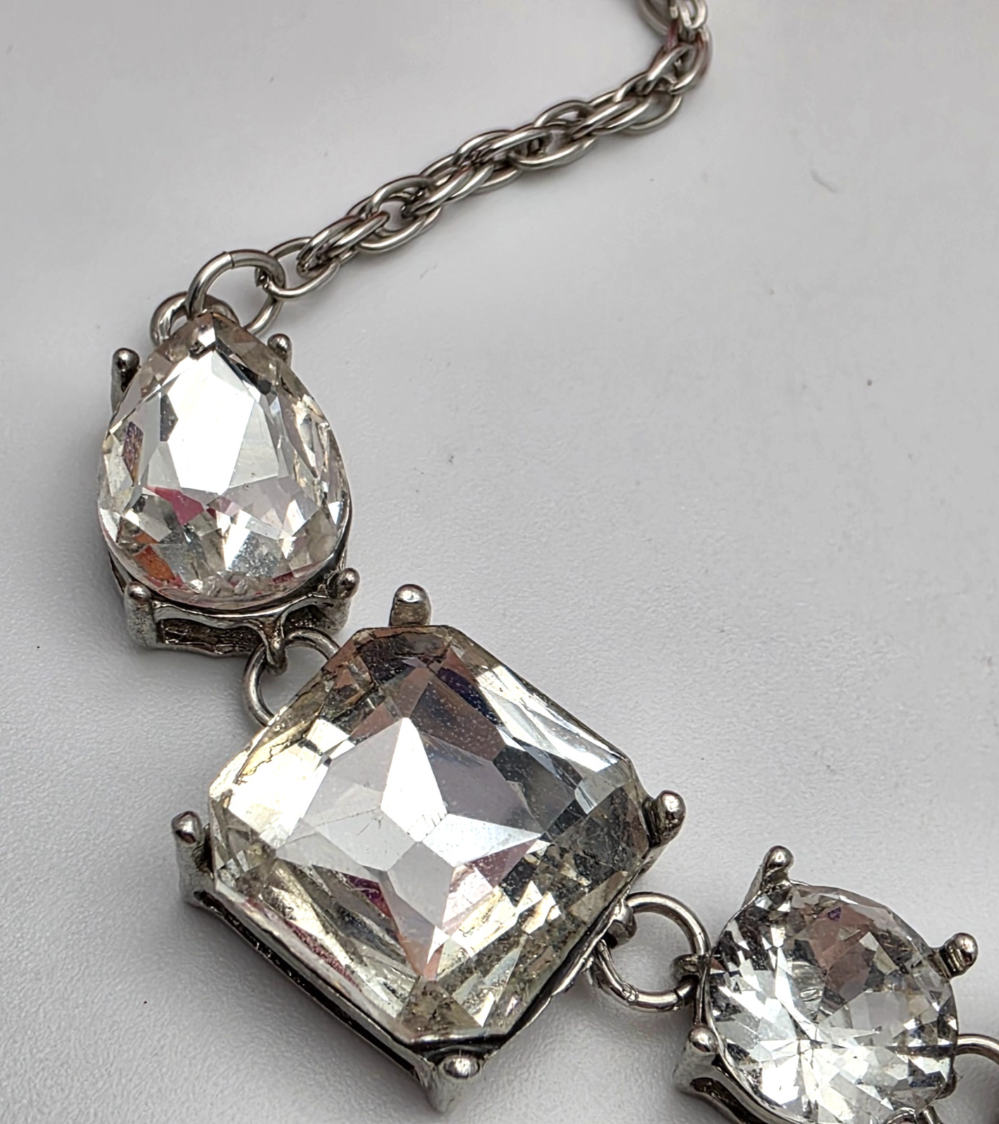 Express Silver Tone Clear Crystal Bib Necklace, Square Teardrop Statement 19 in