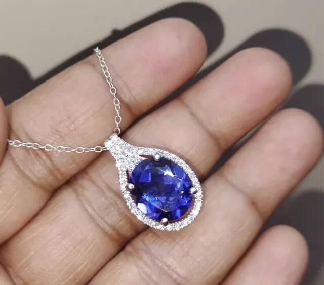 Oval Cut Simulated Blue Tanzanite Charm Pendant Chain In 14k White Gold Plated