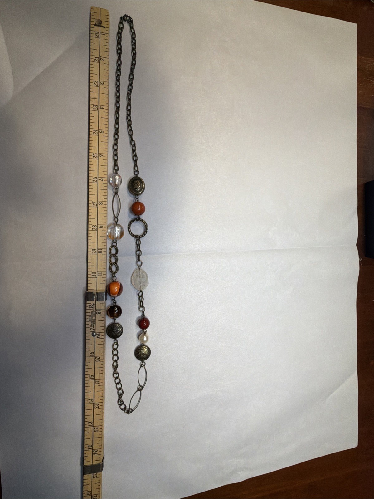 Long Necklace Round Amber Beads Glass Beads Decorative Metal Beads Brass Tone