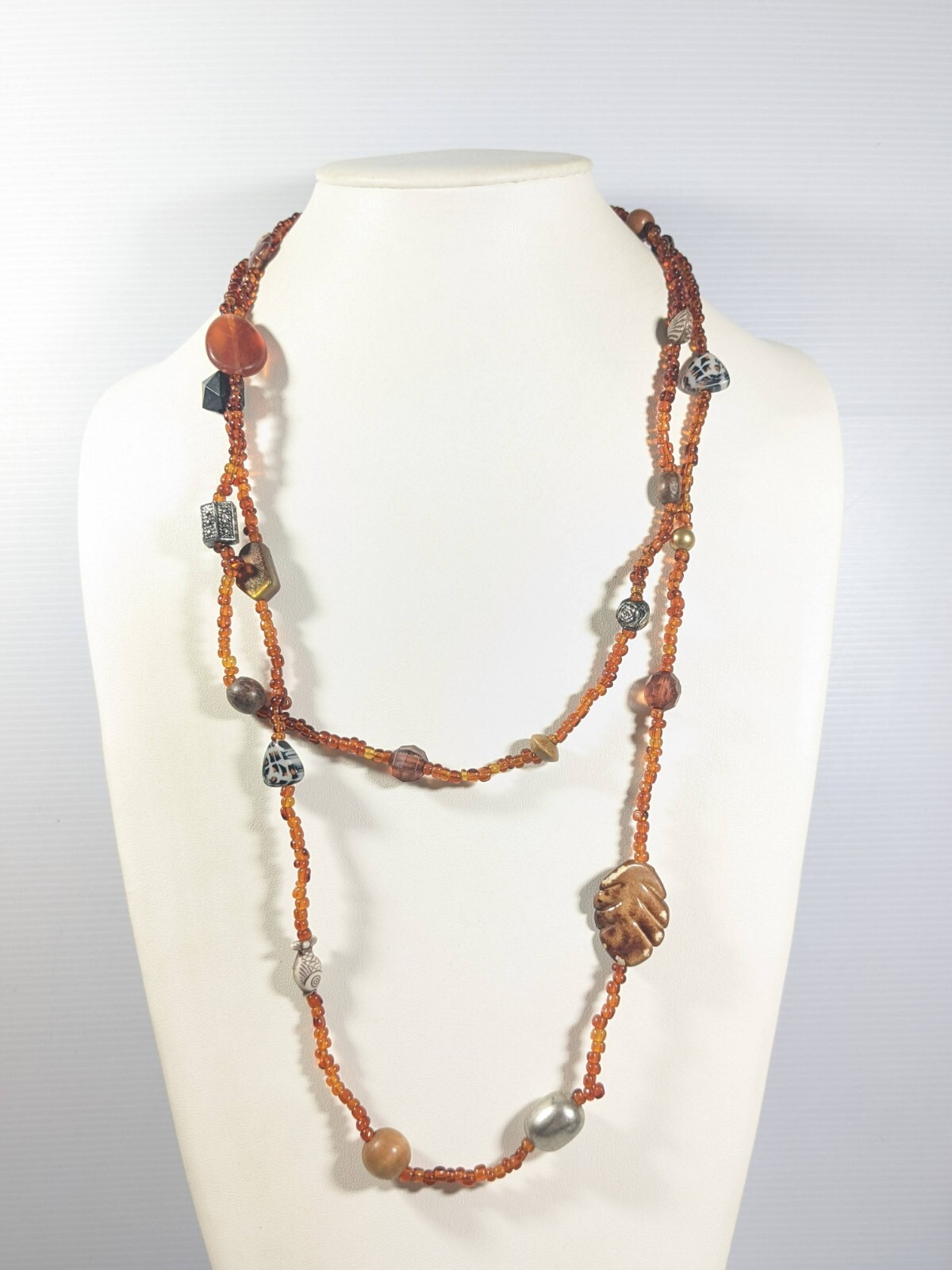 Brown Gold tone Silver Tone Acrylic Bead Leaf Tribal Style Long Necklace 56 inch