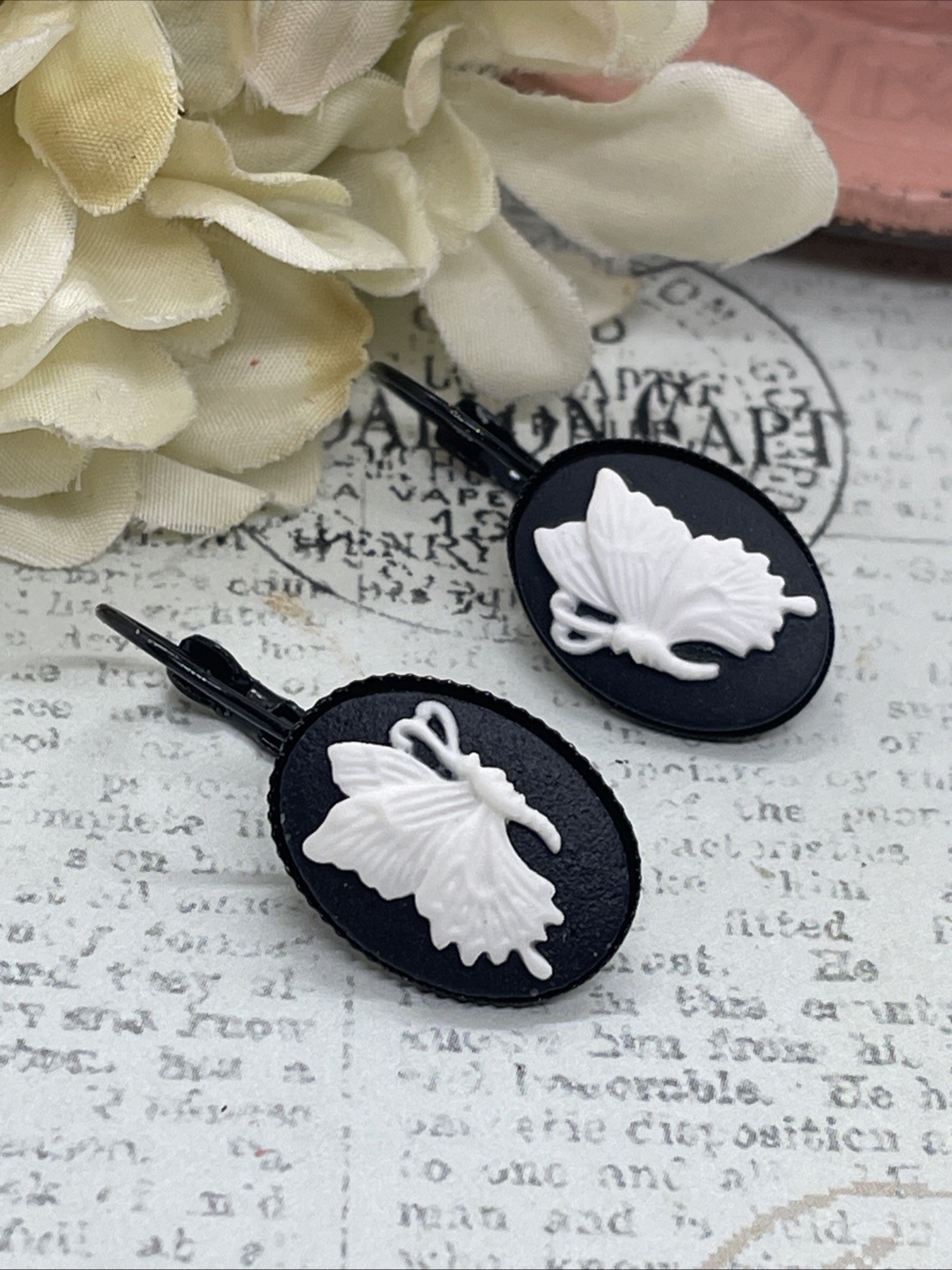 Black Setting Enamel Cameo Butterfly Mom Birthday Anniversary Gift Earrings
