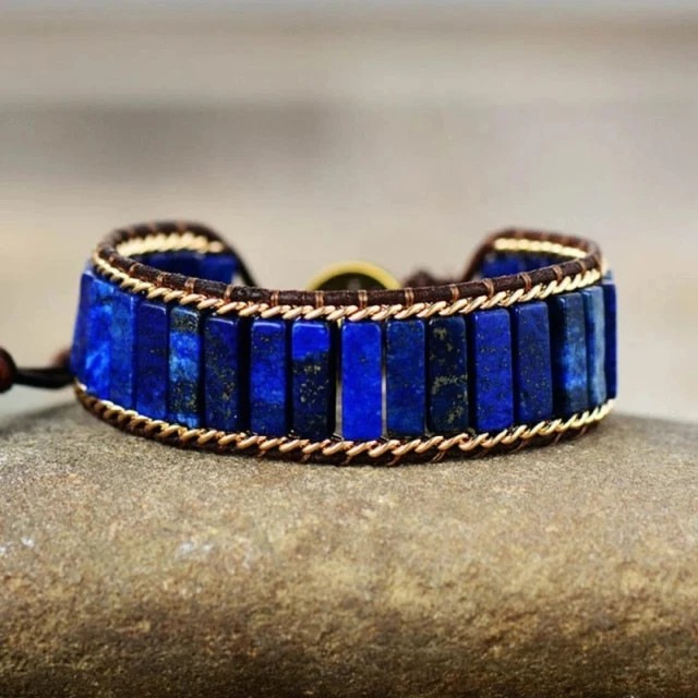 Natural Wide Lapis lazuli Beads Healing Chakra Blue Gemstone Warp Bracelet