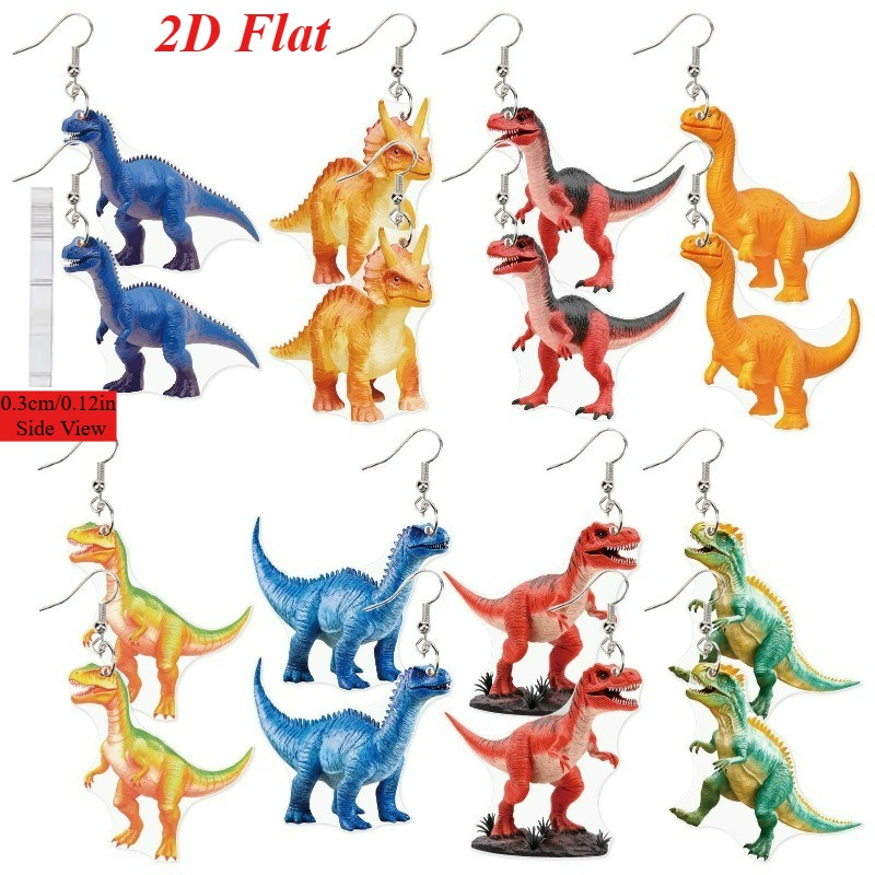 8 Pairs of Colorful Dinosaur Acrylic Pendant Earrings, Animal Earrings