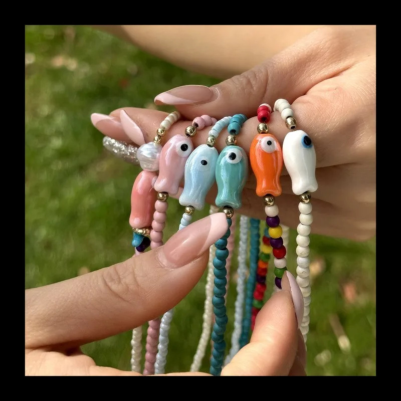 Bohemian Color Simple Ceramic Small Fish Rice Bead Necklace Female Collarbone Ch