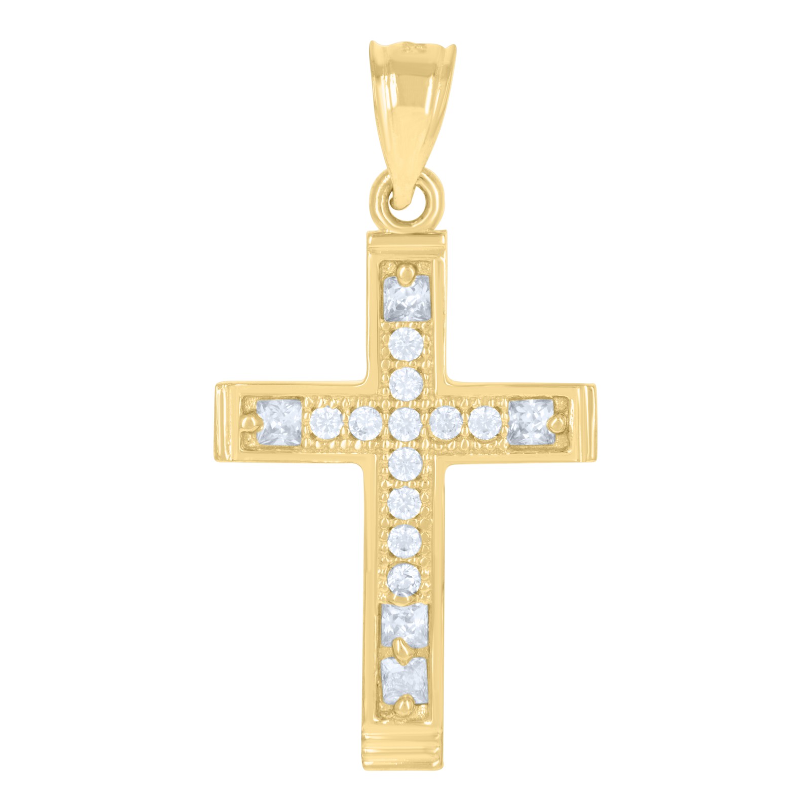 14K Yellow Gold Princess & Round Cut CZ Unisex 1.25″ Charm Latin Cross Pendant