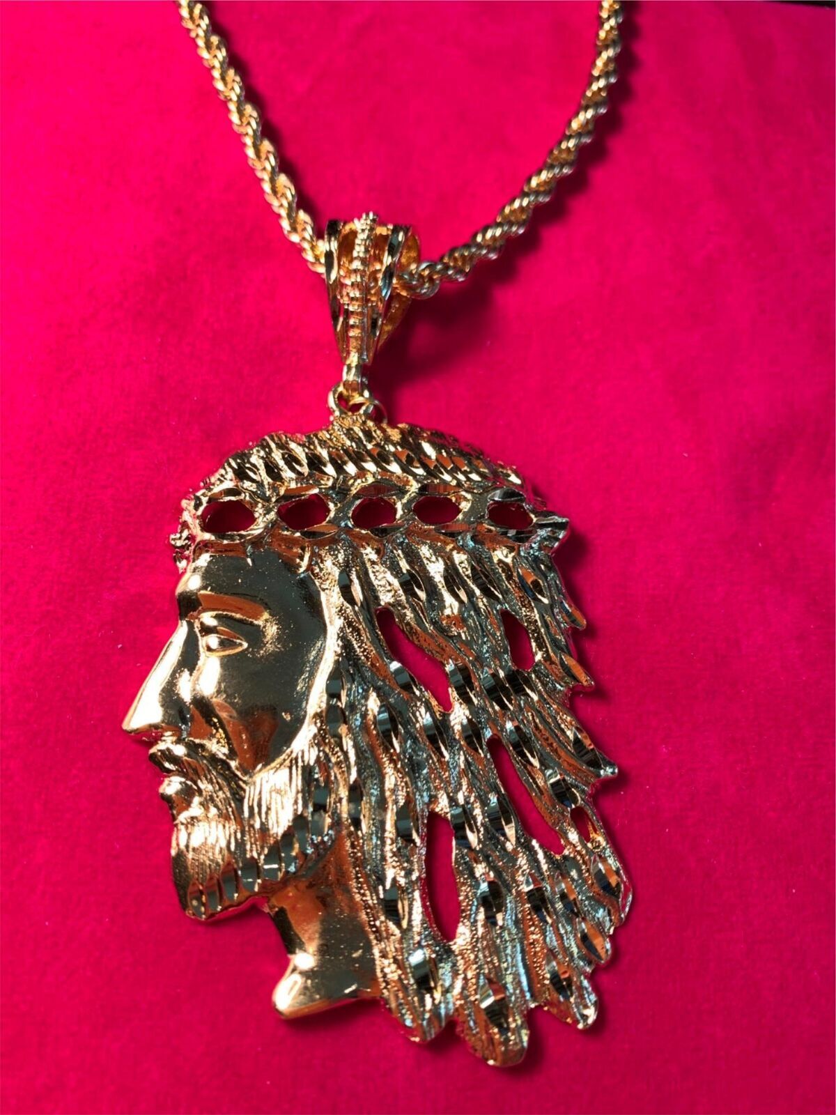 14 KT GOLD PLATED OVER 4 INCHES HIGH JESUS FACE CHARM & 16″-30″ 5MM ROPE-8502