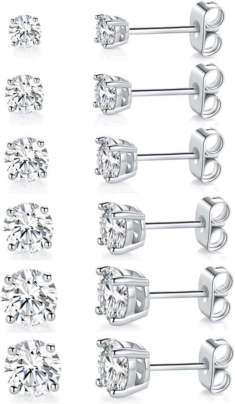18K White Gold Plated 4 Pong round Clear Cubic Zirconia Stud Earring Pack of 6 P