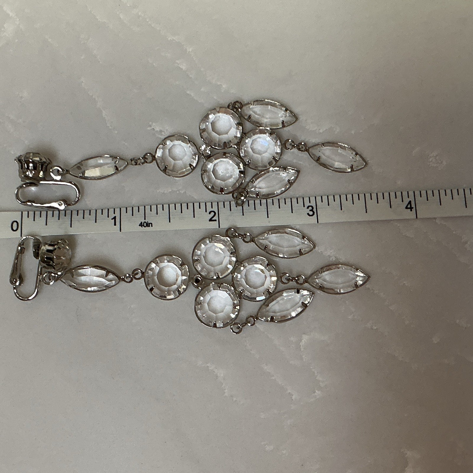 Clear Crystal Rhinestone Silver Tone Chandelier Dangle CliOn Earrings 3.5 in