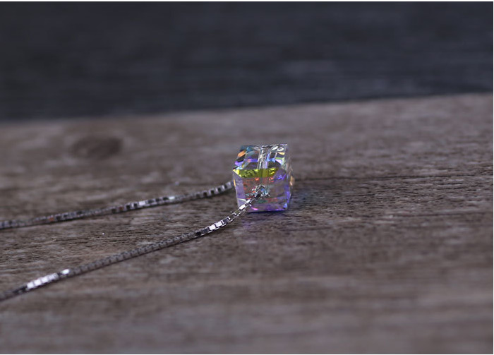 925 Sterling Silver AB Austrian Crystal Cube Square Pendant Necklace 18″ Gift A6