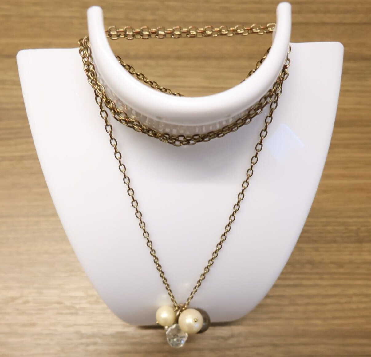 J.Crew necklace imitation pearl cluster clear faceted bead bronzetone adjustable