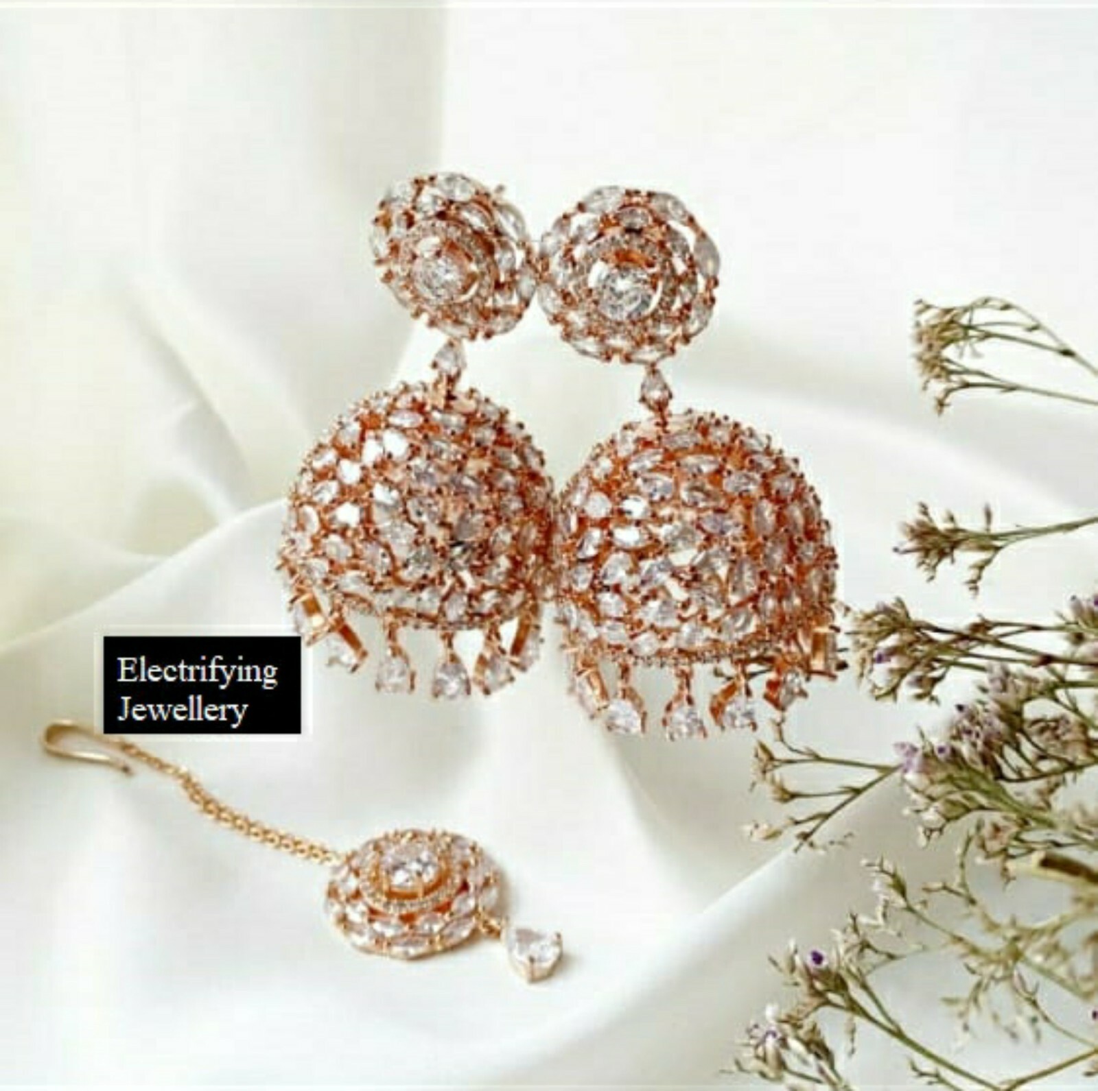 Rose GoldPleated Jhumki Bali Earring Maangtika combo CZ Zironic Stones Set