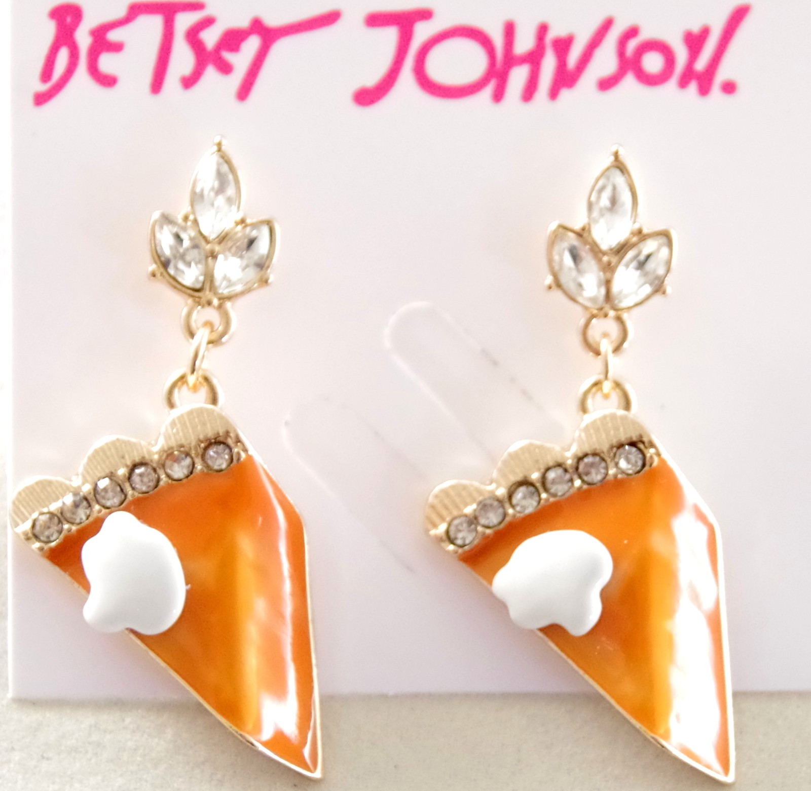 HTF! 3-D BETSEY JOHNSON PUMPKIN PIE RHINESTONE THANKSGIVING DROP DANGLE EARRINGS