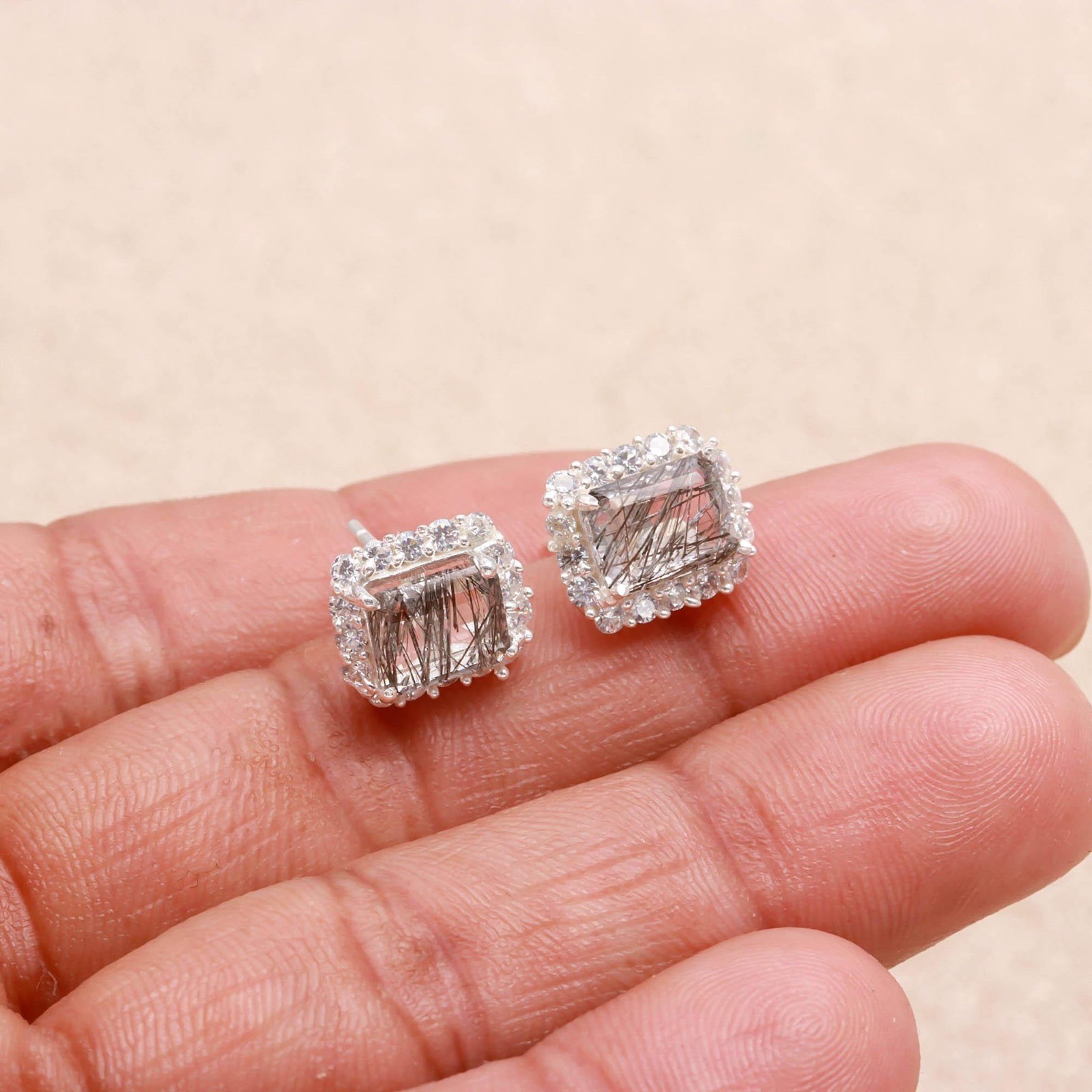 Natural Black Rutile Octagon Stud Earring 925 Sterling Silver Moissanite Jewelry