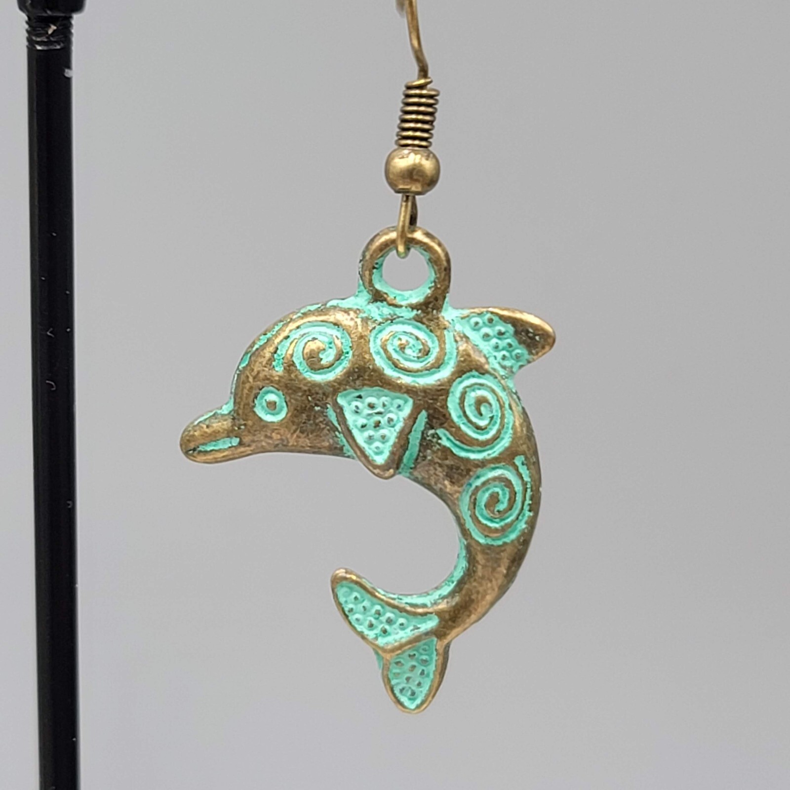 Dolphin Beach Sea life Pierced Earrings Bronze tone Green wash Dangle 1.25″