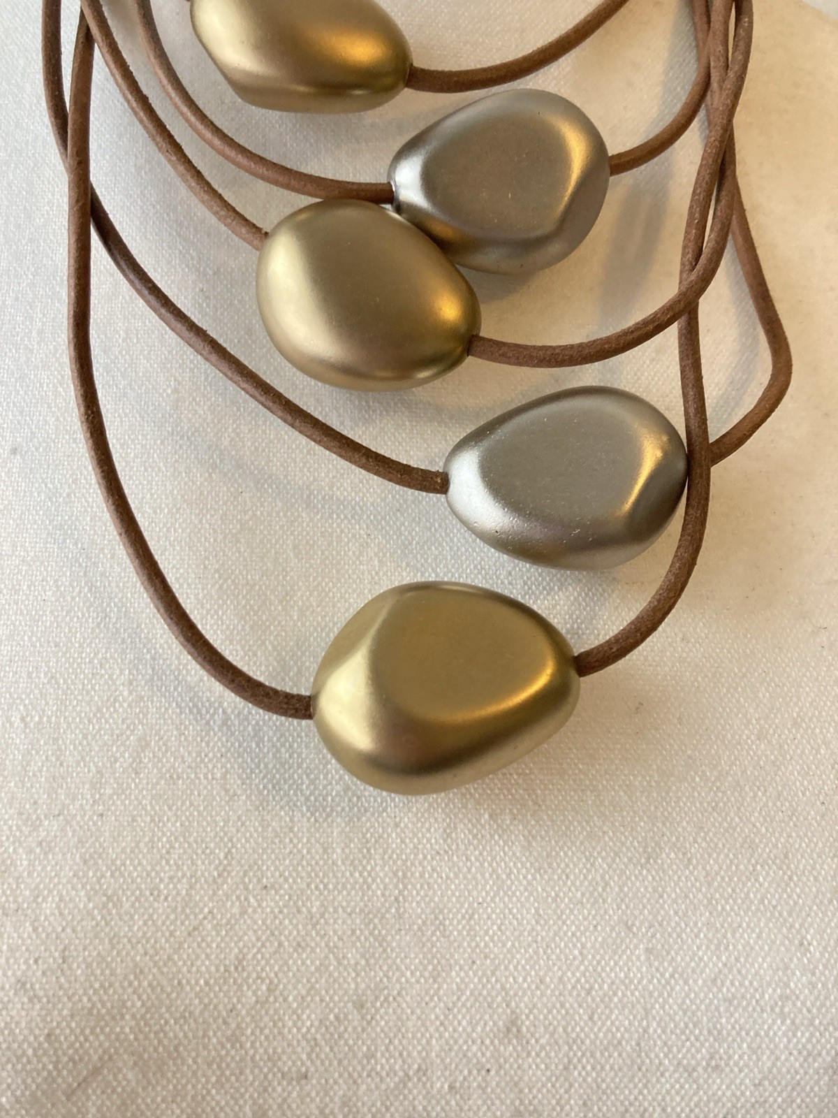 Chunky Pebble Bead Necklace Brown Cord Gold Silver Tone Modern Artsy Magnetic