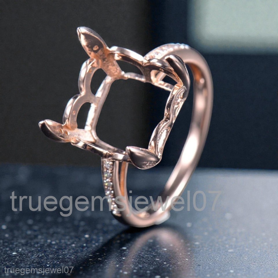 Rose Gold Semi Mount Ring Prong Setting 12x12mm Emerald Cut CZ Diamond Accents