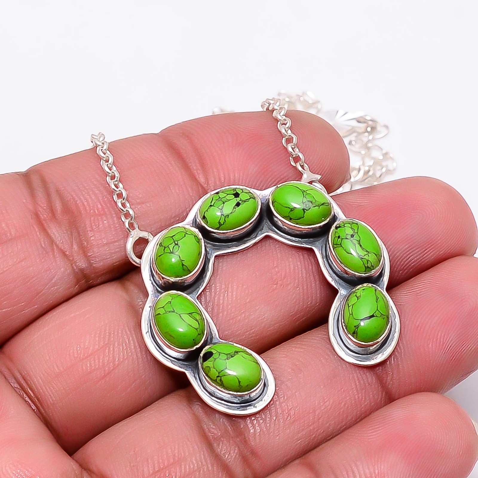 Green Turquoise 925 Sterling Silver Horse Shoe Necklace 17-21″ Cp10921126010