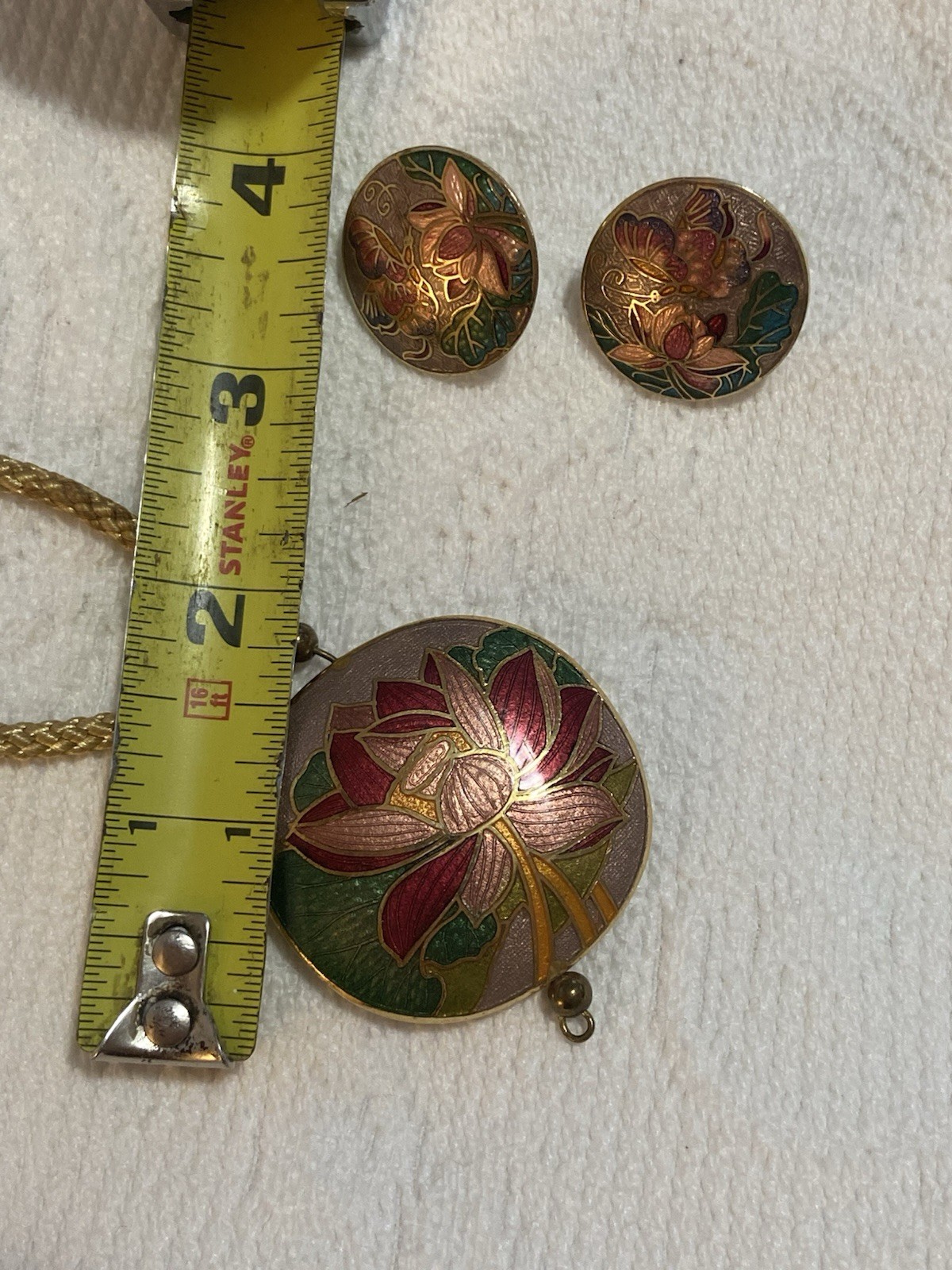 Vintage Sea Gems Cloisonné Necklace Pendant & Earrings 23”
