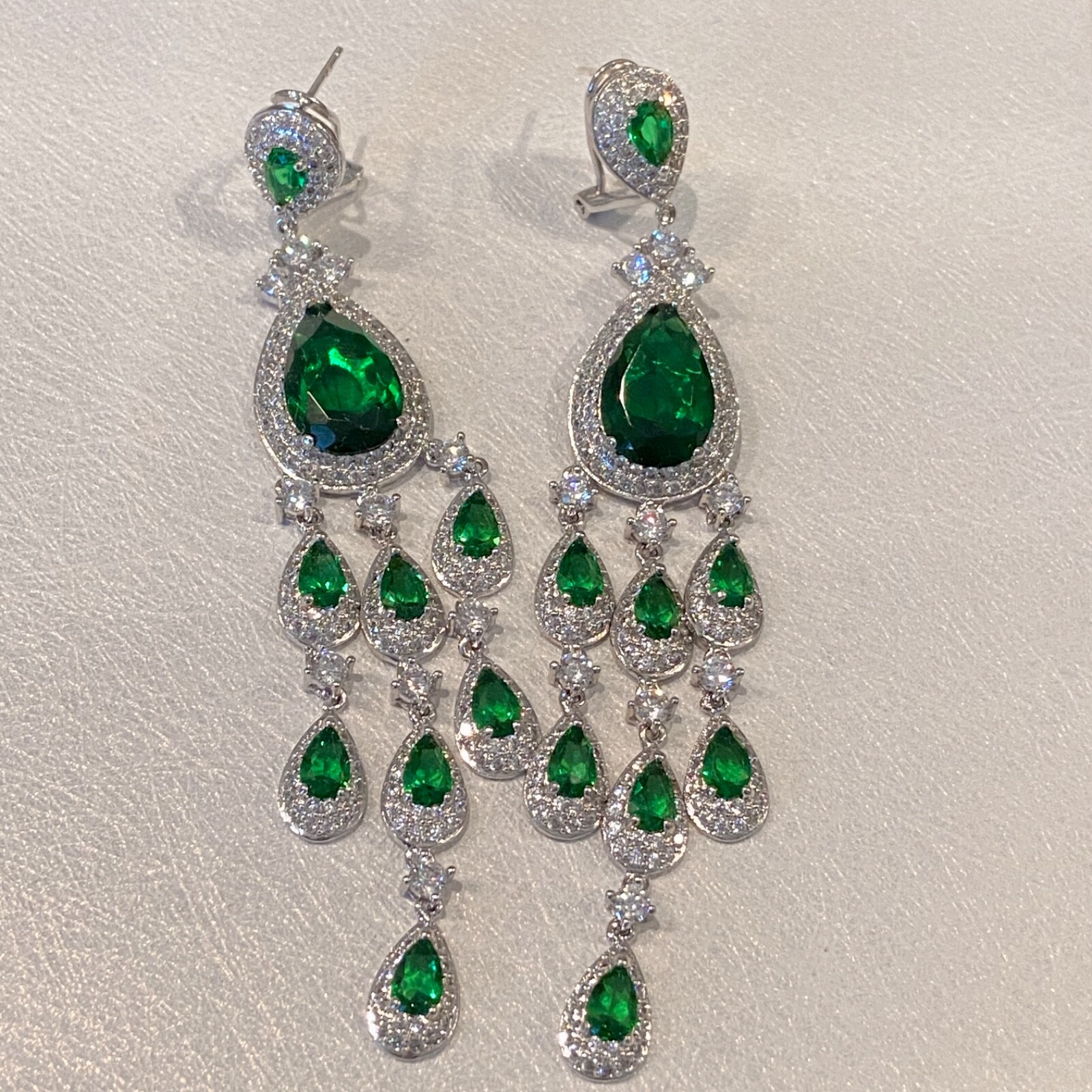 18k Platinum Plated Lab-Created Green Emerald & Diamond Long Chandelier Earrings