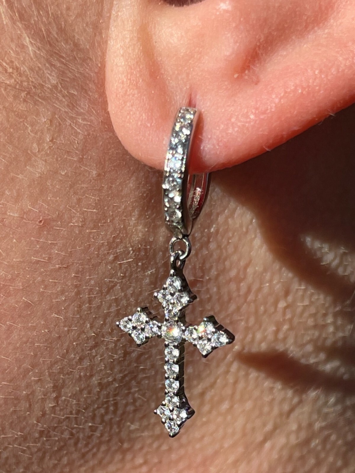 Real 925 Sterling Silver Men’s Ladies Dangle Cross Studs Earrings Iced Hip Hop