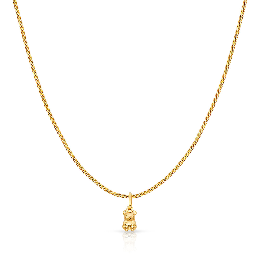 14K Yellow Gold Small Sitting Bear Charm Pendant with 0.9mm Wheat Chain Necklace