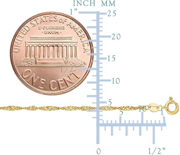10k Yellow Real Solid Gold Singapore Chain Necklace, 1.5mm (7 Inches)