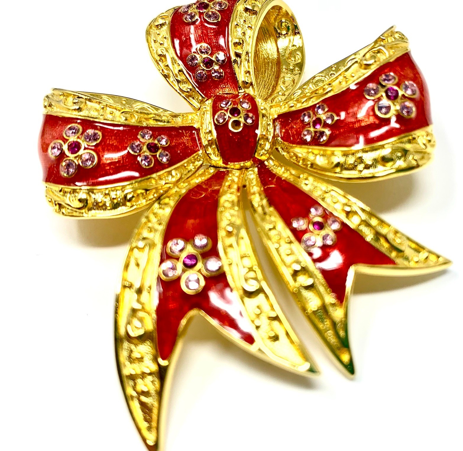Joan Rivers Red Bow Ribbon Rhinestone Enamel Rhinestone Gold Overlay Pin Brooch