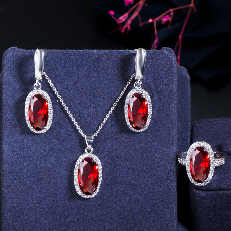 Vivid Cubic Zirconia Oval Drop Necklace Ring Earrings Silver Plated Jewelry Set