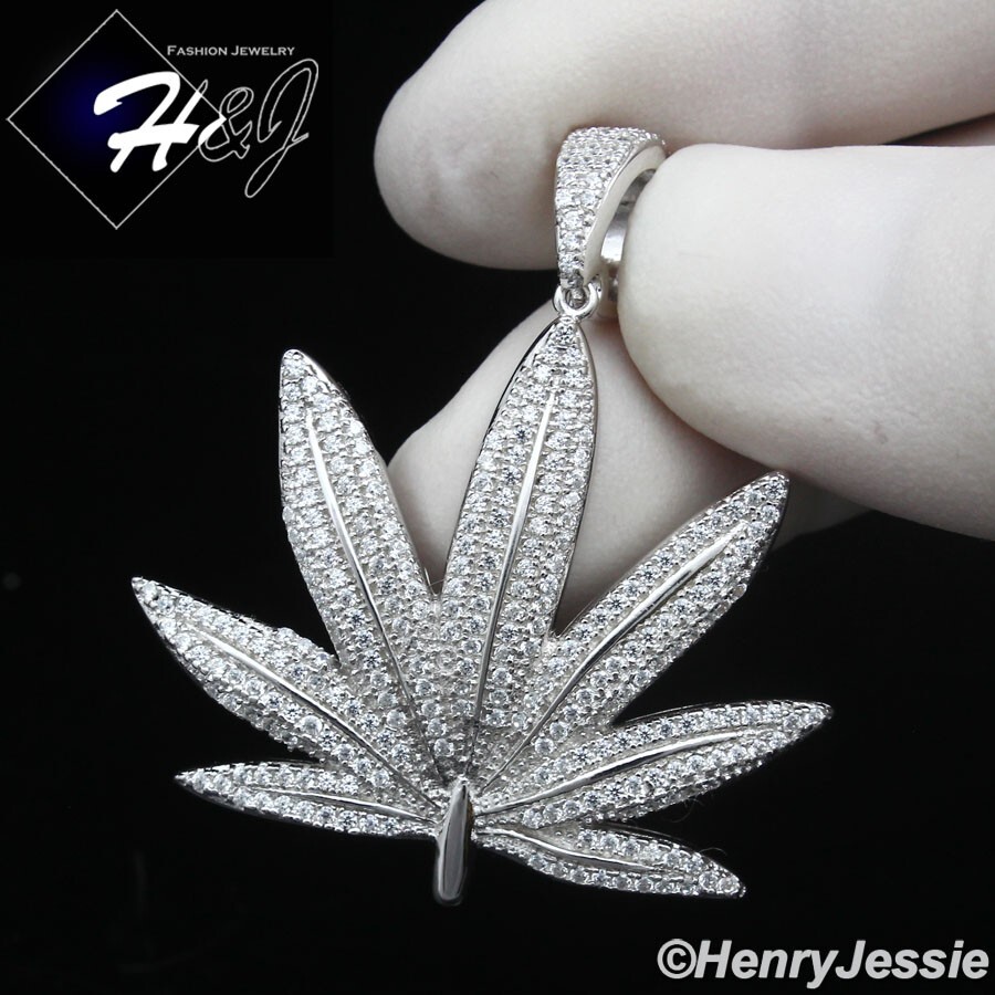 MEN SOLID 925 STERLING SILVER ICY BLING CZ SILVER 3D MARIJUANA LEAF PENDANT*P434