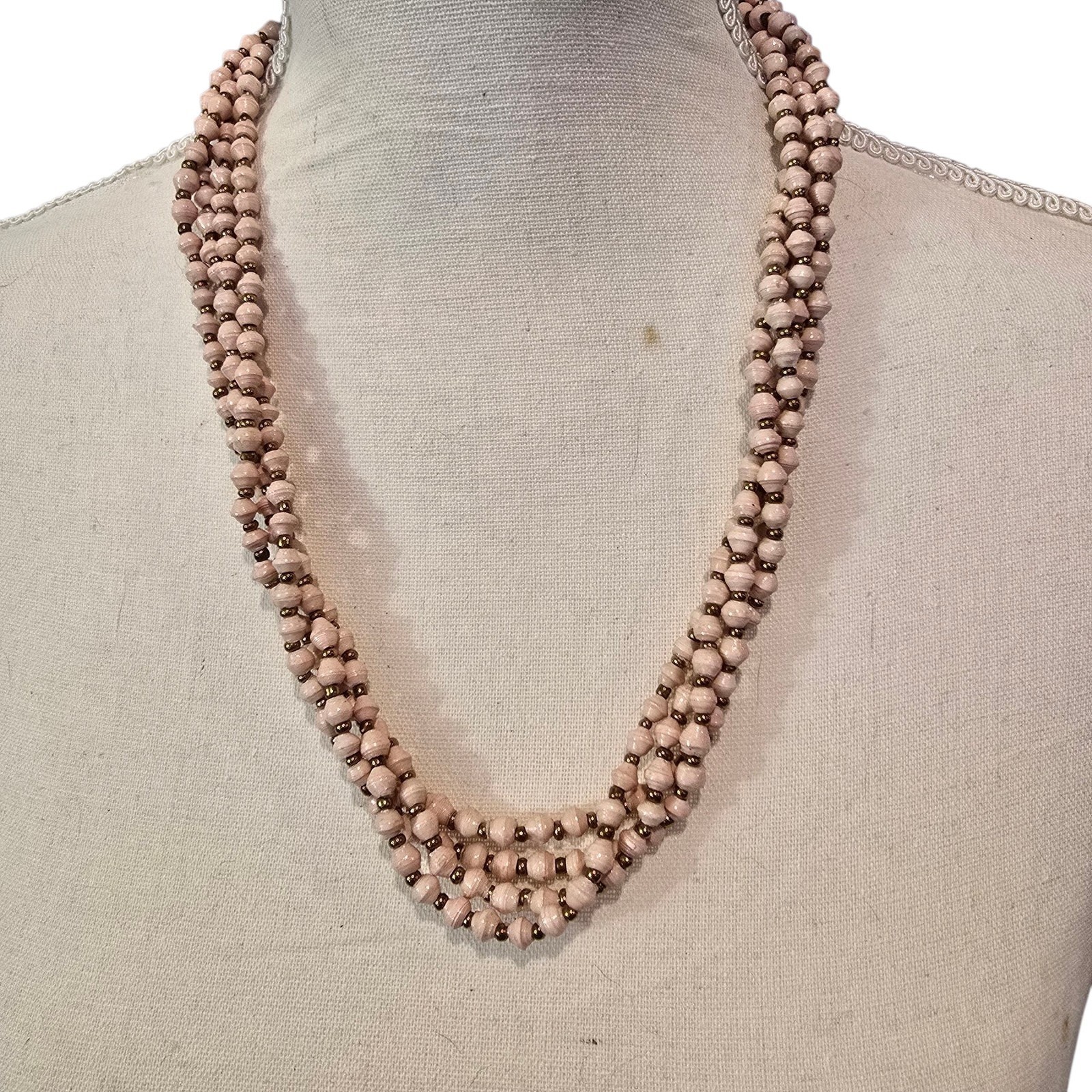 Vintage Necklace Bicone Soft Pink Bead Four Strand Brass Tone Spacer 24″ SKU2285