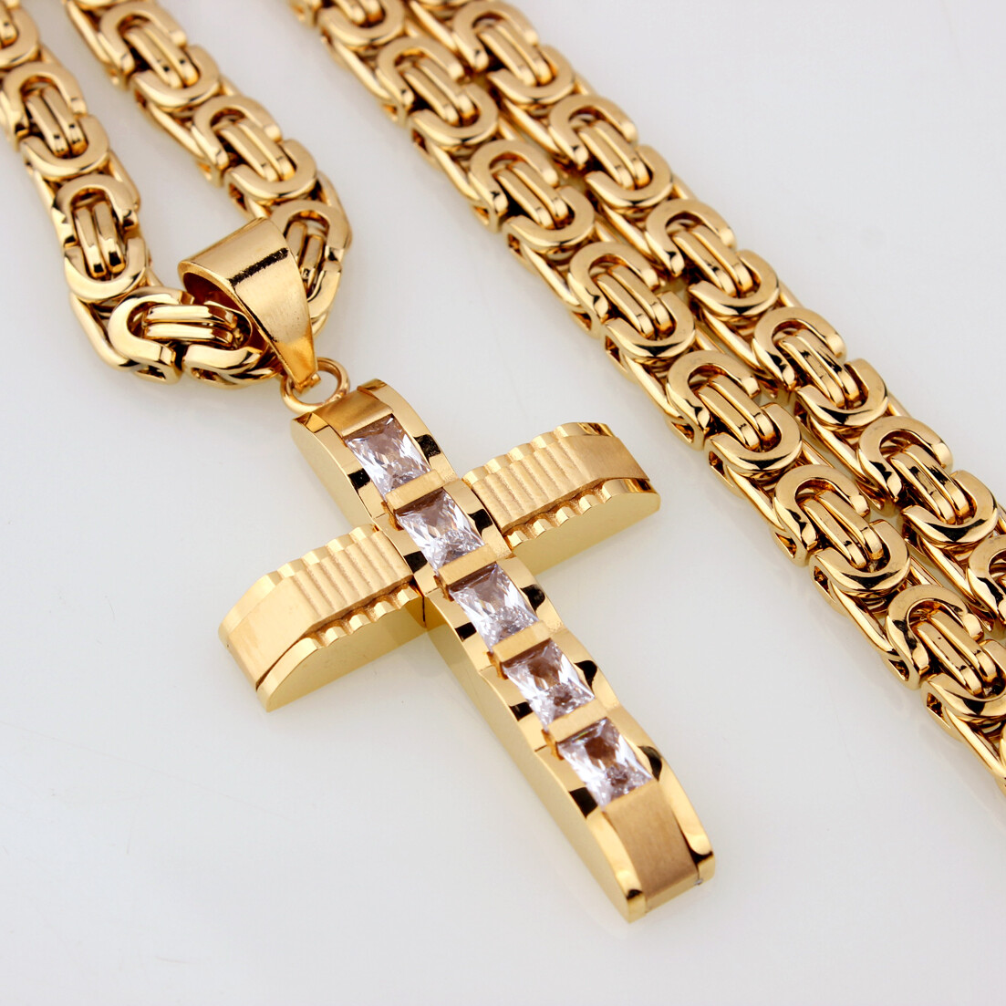 Hot MEN Chain Black Gold Silver Stainless Steel Byzantine Cross Pendant Necklace