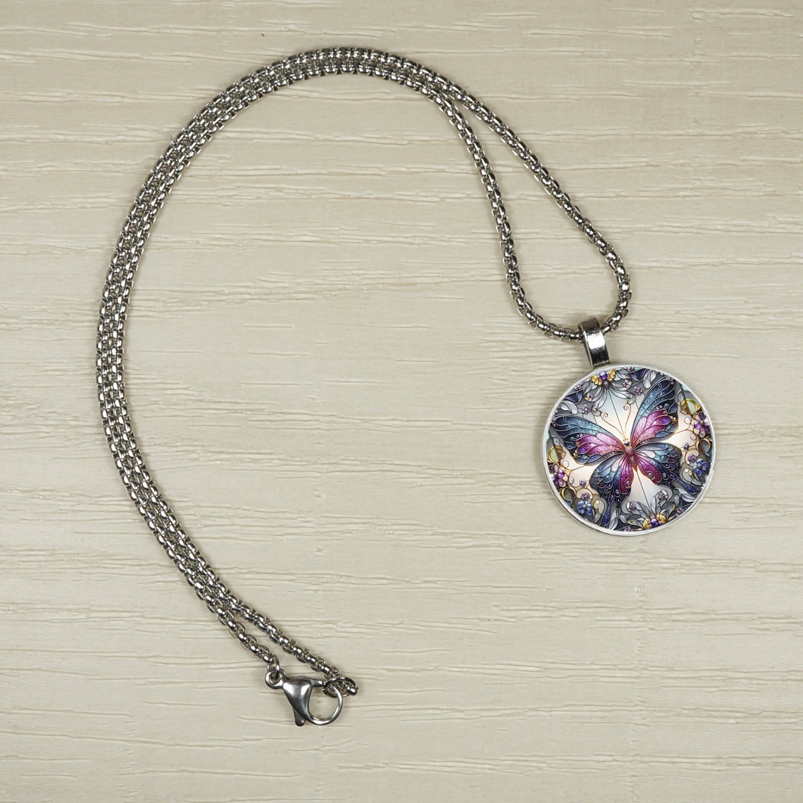 Colorful Butterfly Pendant, Stainless Steel Chain Necklace, Length Choice
