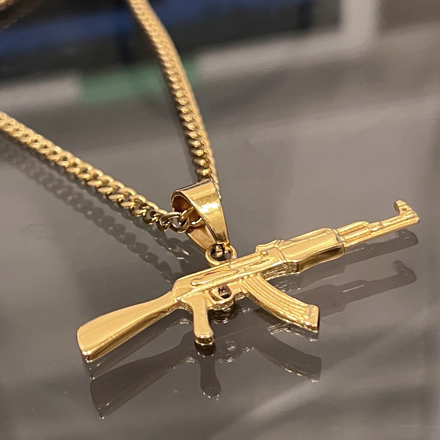 14K Gold Plated Stainless Steel Cuban Chain AK-47 Gun Rifle Pendant Necklace 24″
